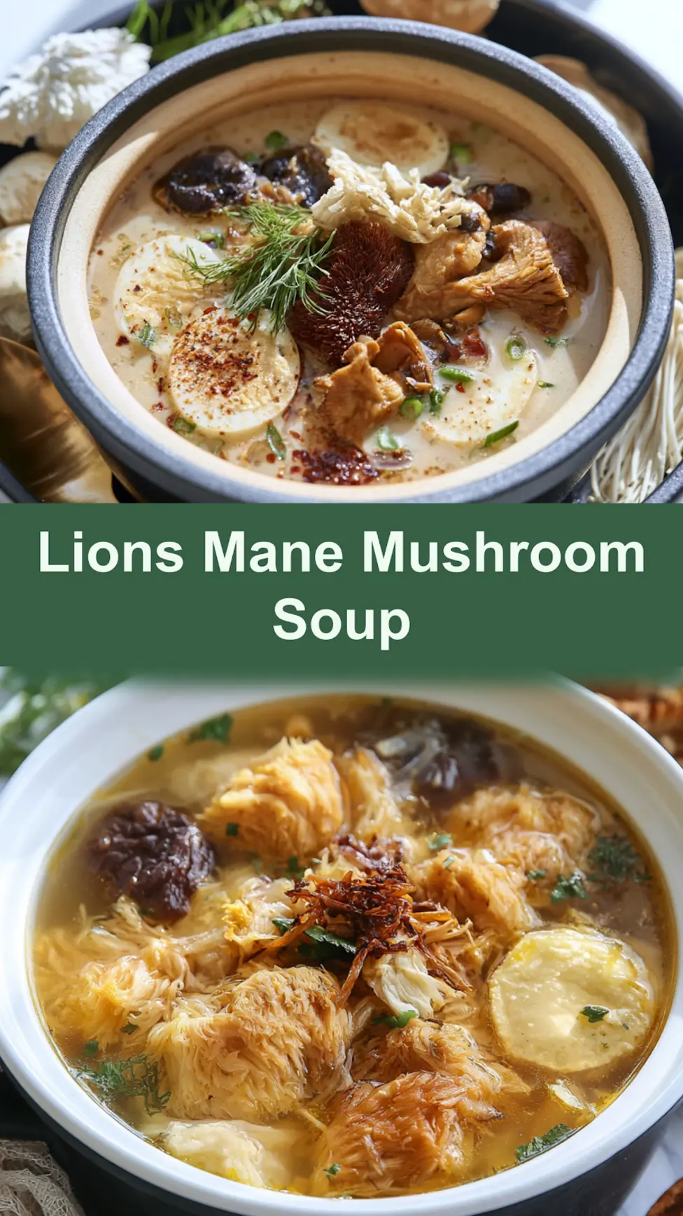 Lions Mane Mushroom Soup recipe, served and ready to eat, easy homemade dish