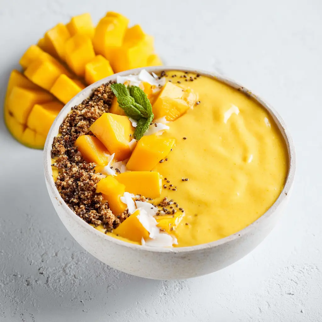 Mango Turmeric Smoothie Bowl recipe, served and ready to eat, easy homemade dish