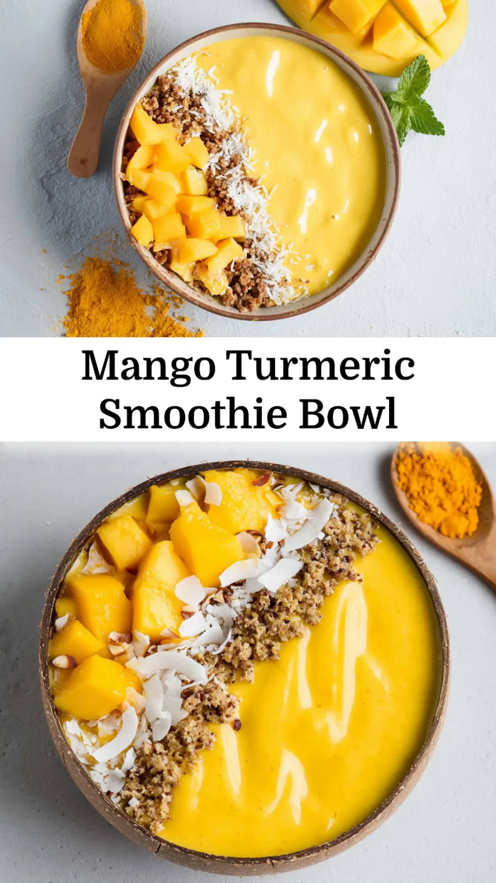 Mango Turmeric Smoothie Bowl recipe, served and ready to eat, easy homemade dish