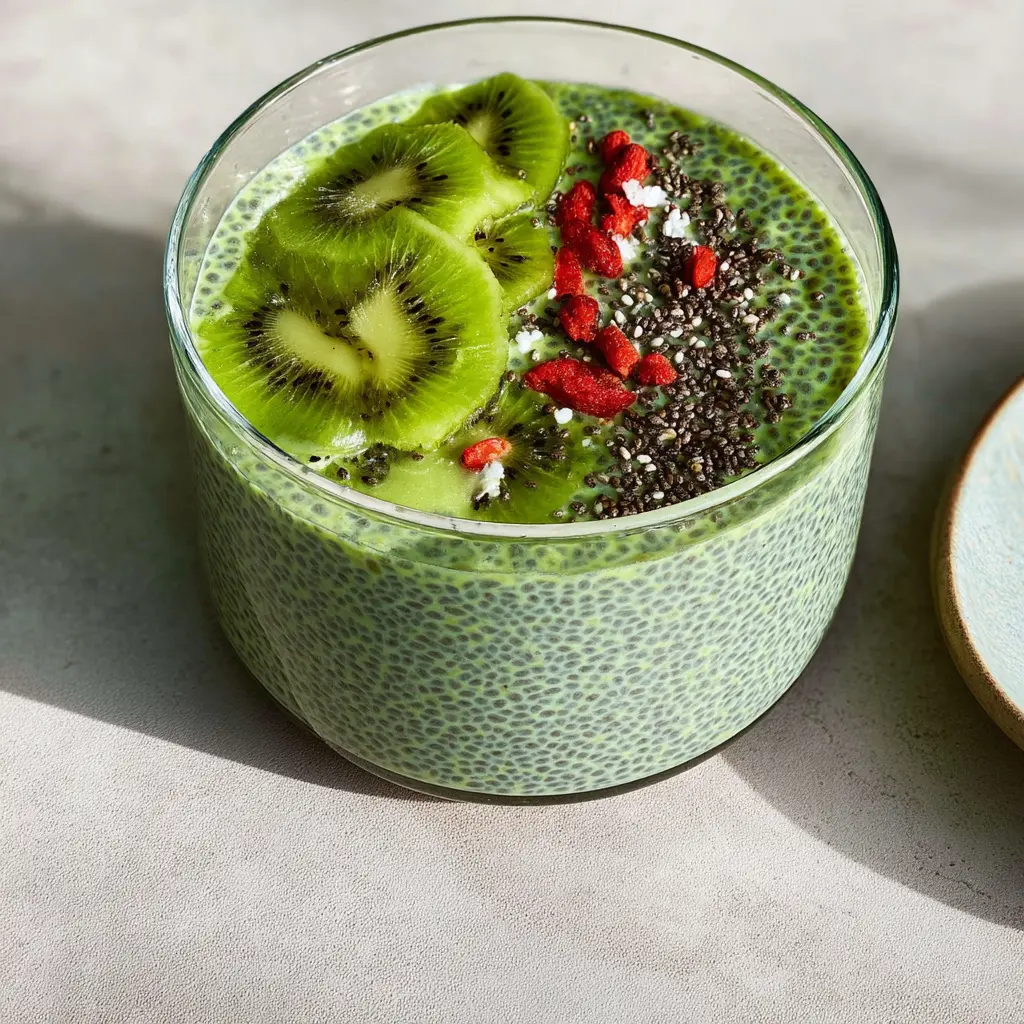 Matcha Chia Pudding recipe, served and ready to eat, easy homemade dish