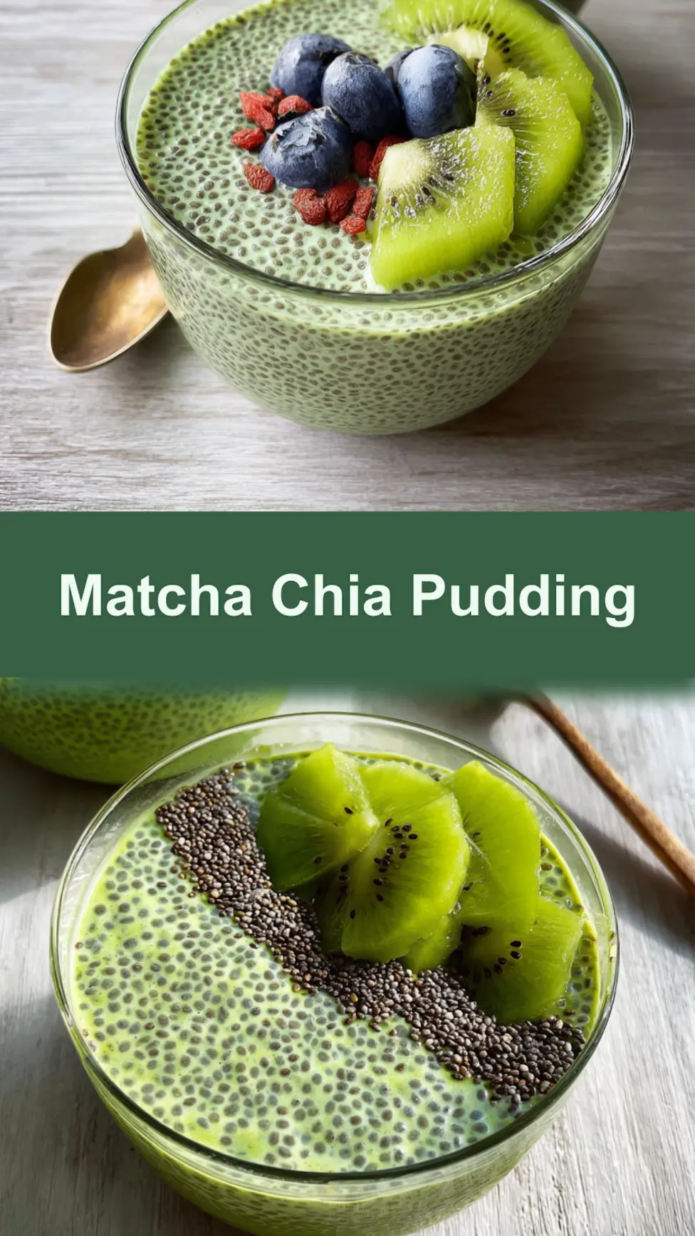 Matcha Chia Pudding recipe, served and ready to eat, easy homemade dish