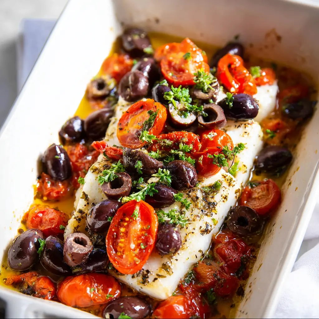 Mediterranean Baked Cod with olives and cherry tomatoes, served in a baking dish and ready to eat