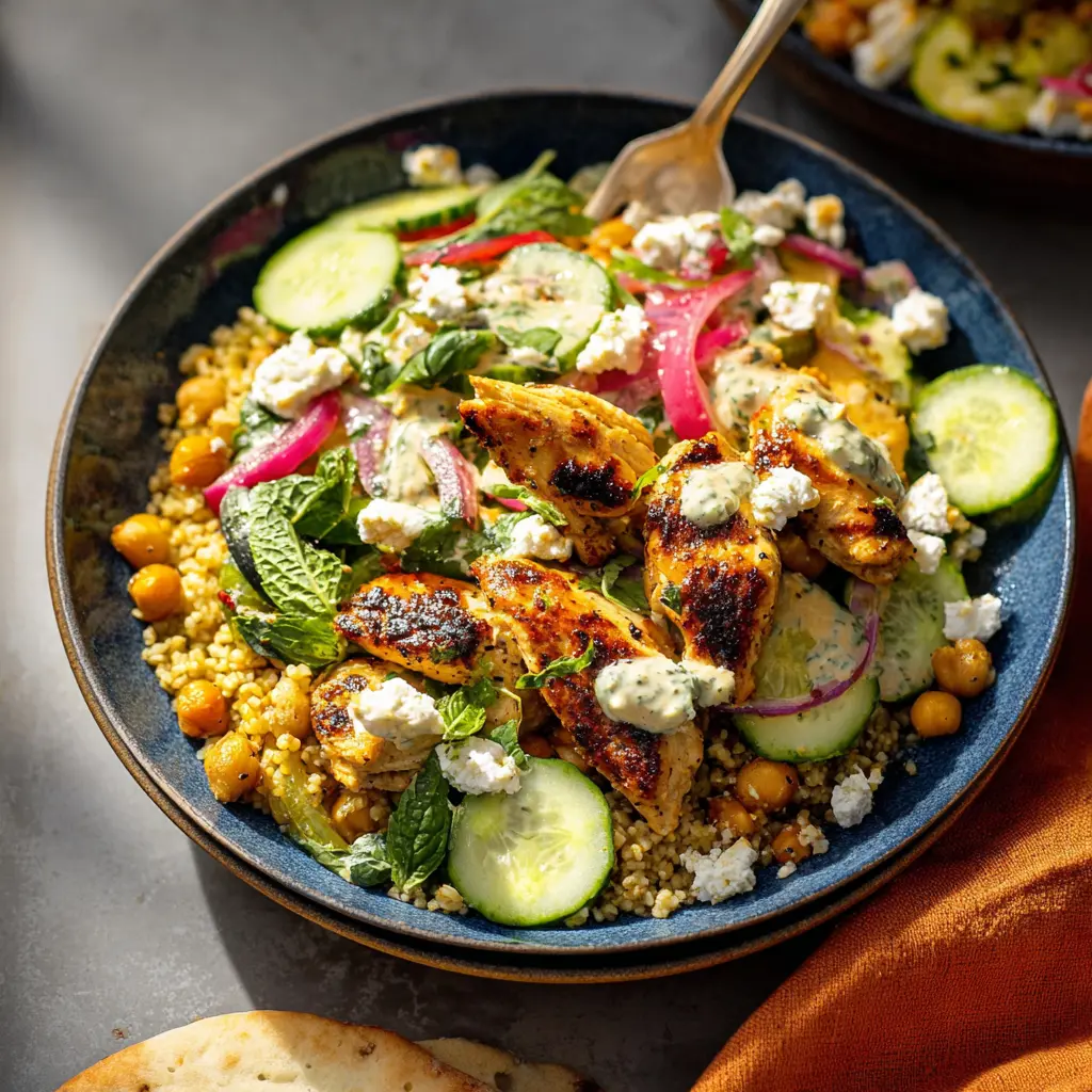 Mediterranean Chicken Grain Bowl with spiced ground chicken, roasted chickpeas, rice, cucumbers, pickled red onion, and feta sauce