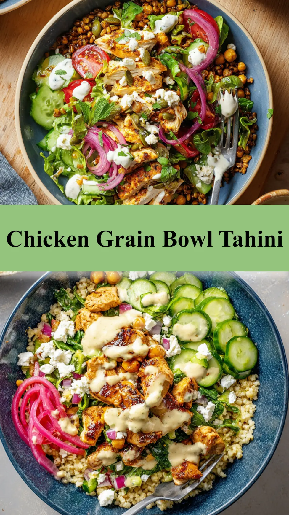 Mediterranean Chicken Grain Bowl Tahini with spiced ground chicken, roasted chickpeas, feta sauce, and fresh toppings  easy 30-minute dinner