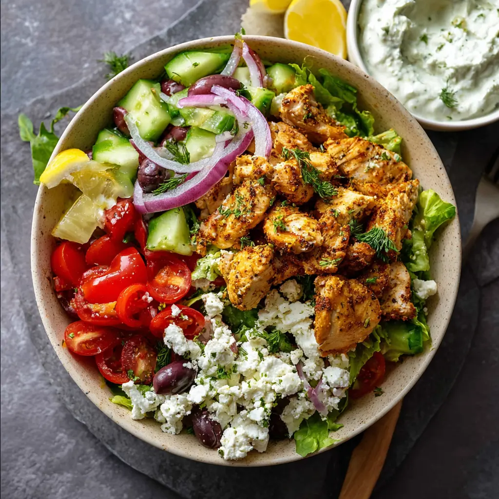 Mediterranean Chicken Gyro Bowl recipe, served and ready to eat, easy homemade dish