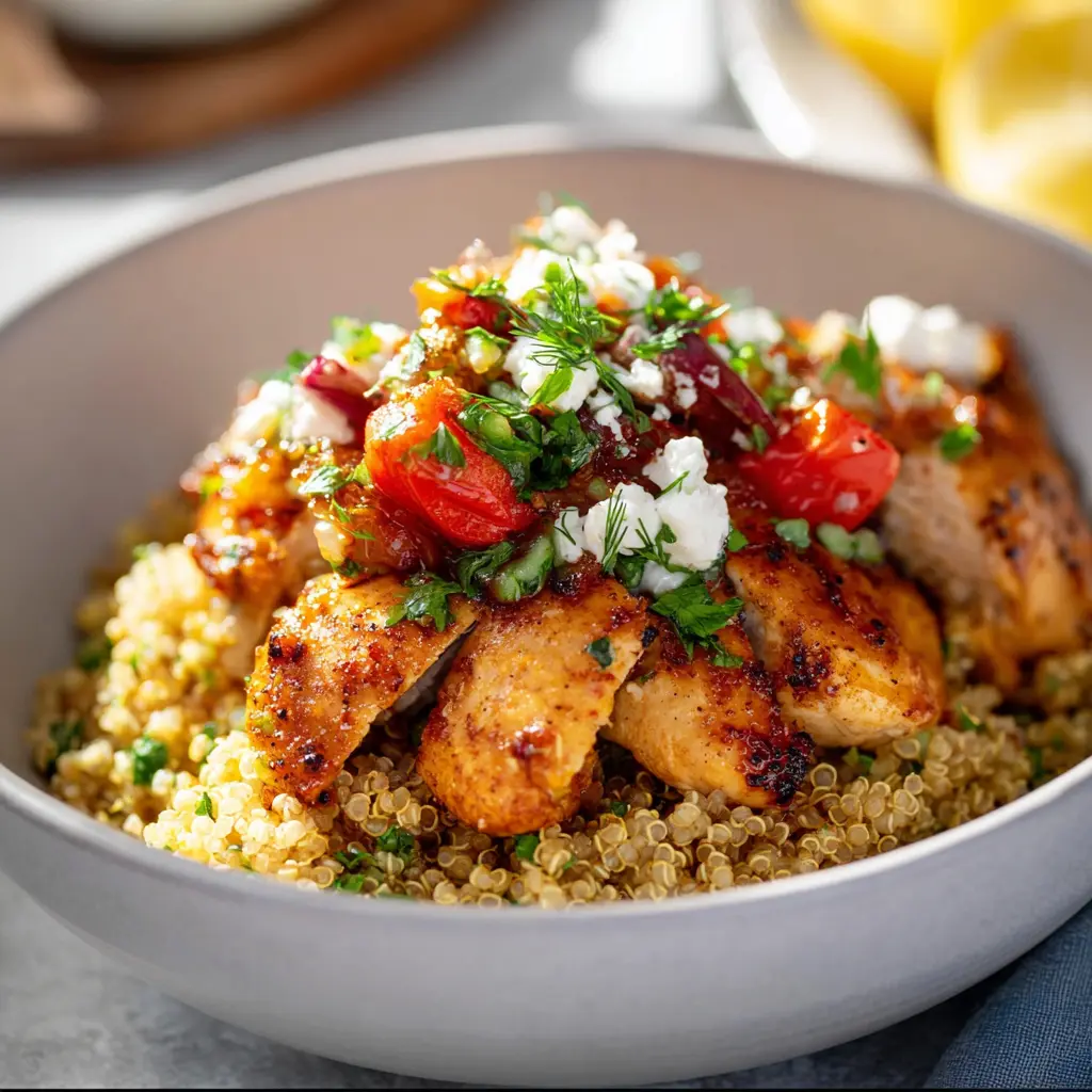 Mediterranean Chicken Quinoa recipe, served and ready to eat, easy homemade dish