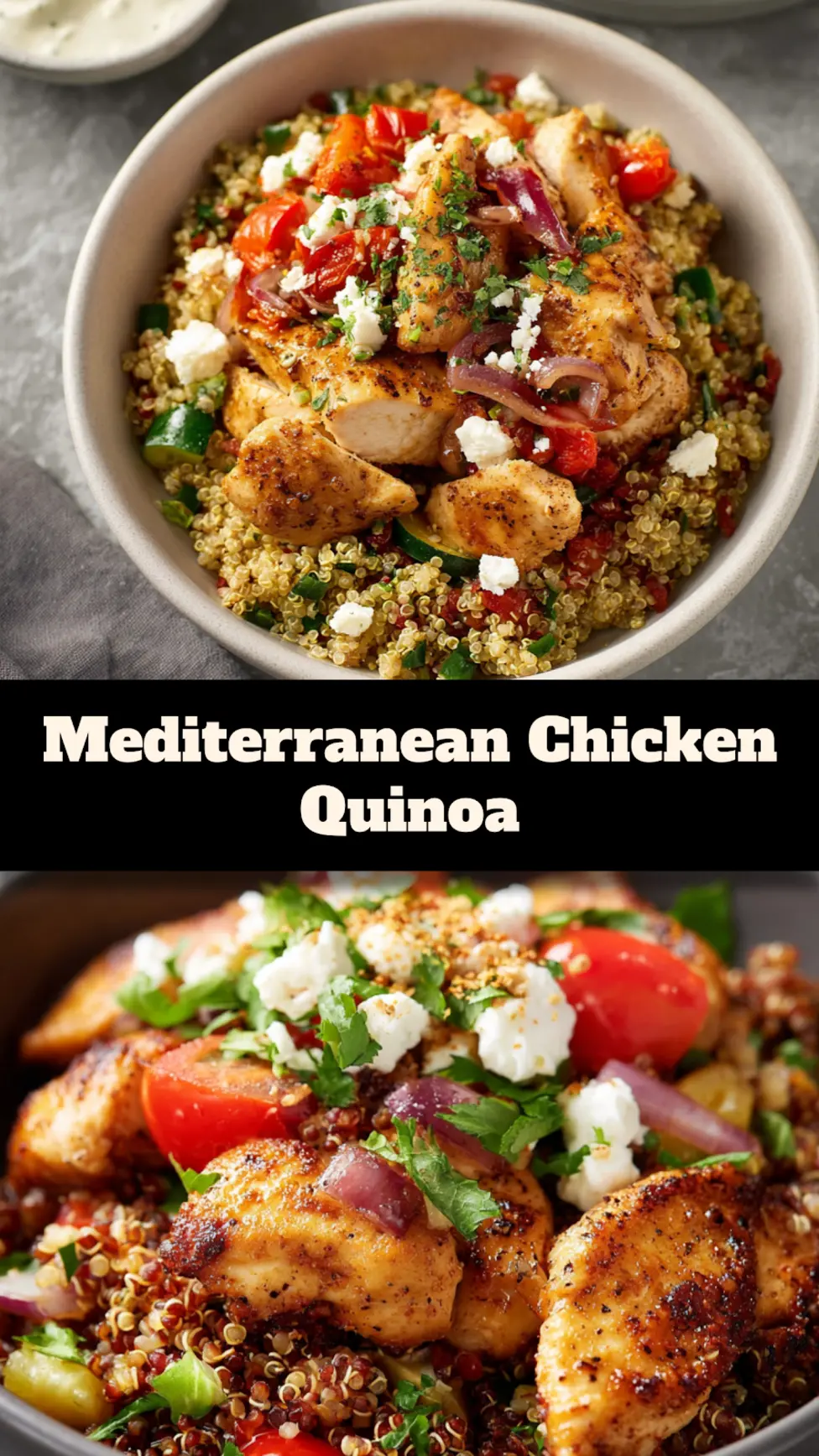 Mediterranean Chicken Quinoa recipe, served and ready to eat, easy homemade dish_pin