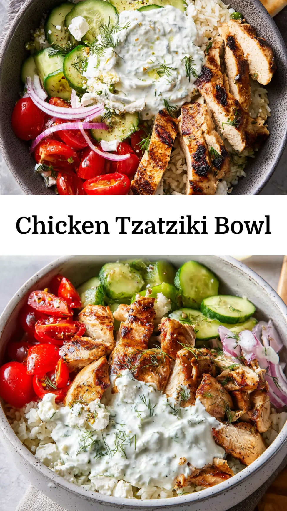 Mediterranean Chicken Tzatziki Bowl Vibrant Fresh Way to Make Dinner Real 3 Mediterranean Chicken Tzatziki Bowl recipe, served and ready to eat, easy homemade dish_pin