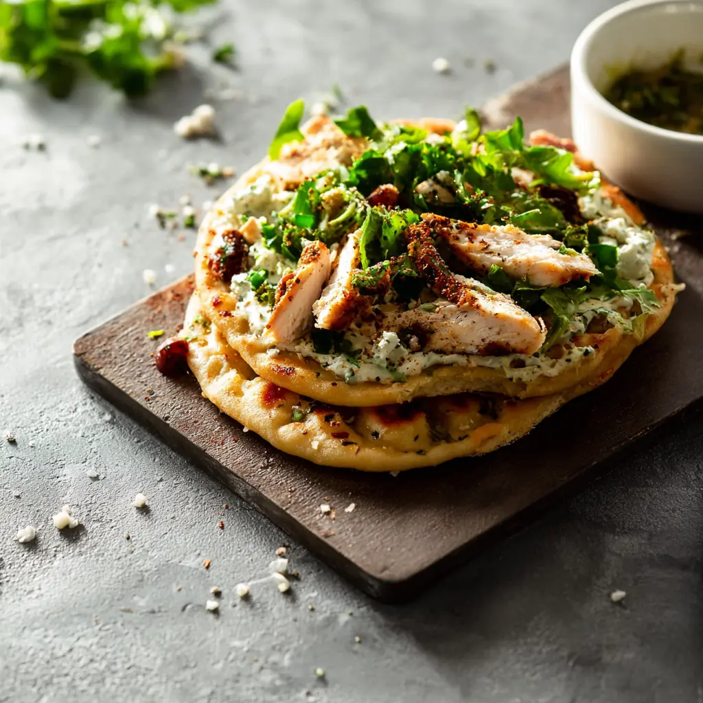 Mediterranean Hummus Chicken Flatbread served and ready to eat, easy homemade dish