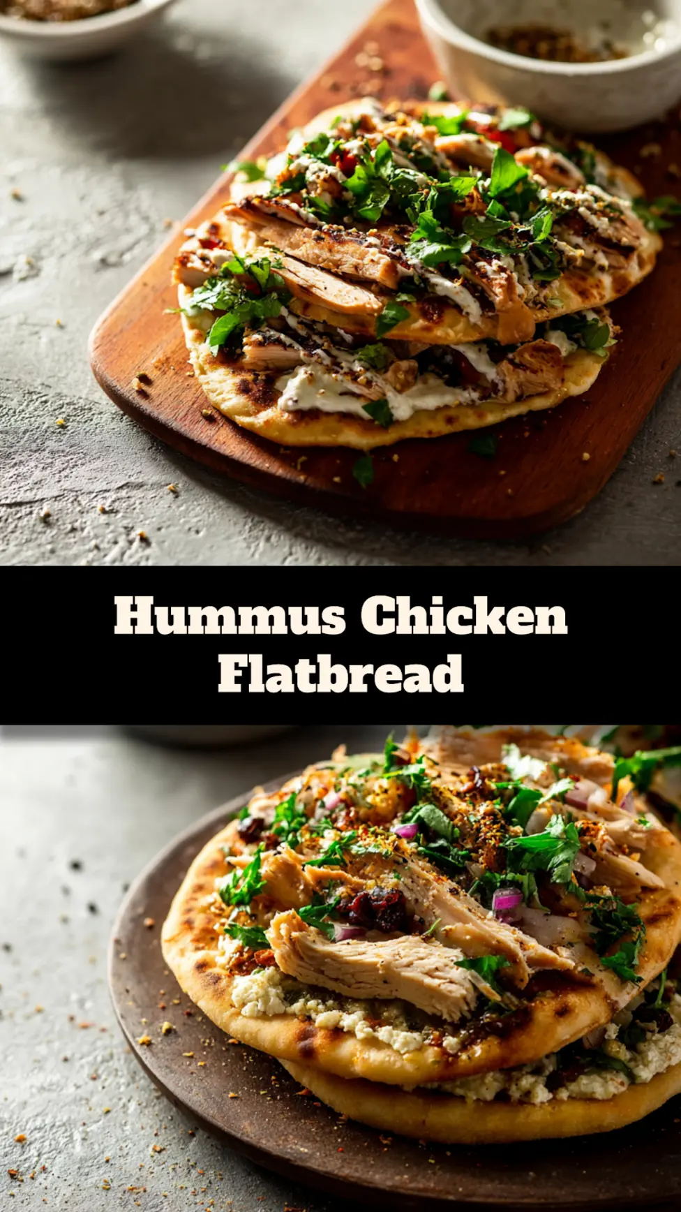 Mediterranean Hummus Chicken Flatbread recipe, served and ready to eat, easy homemade dish