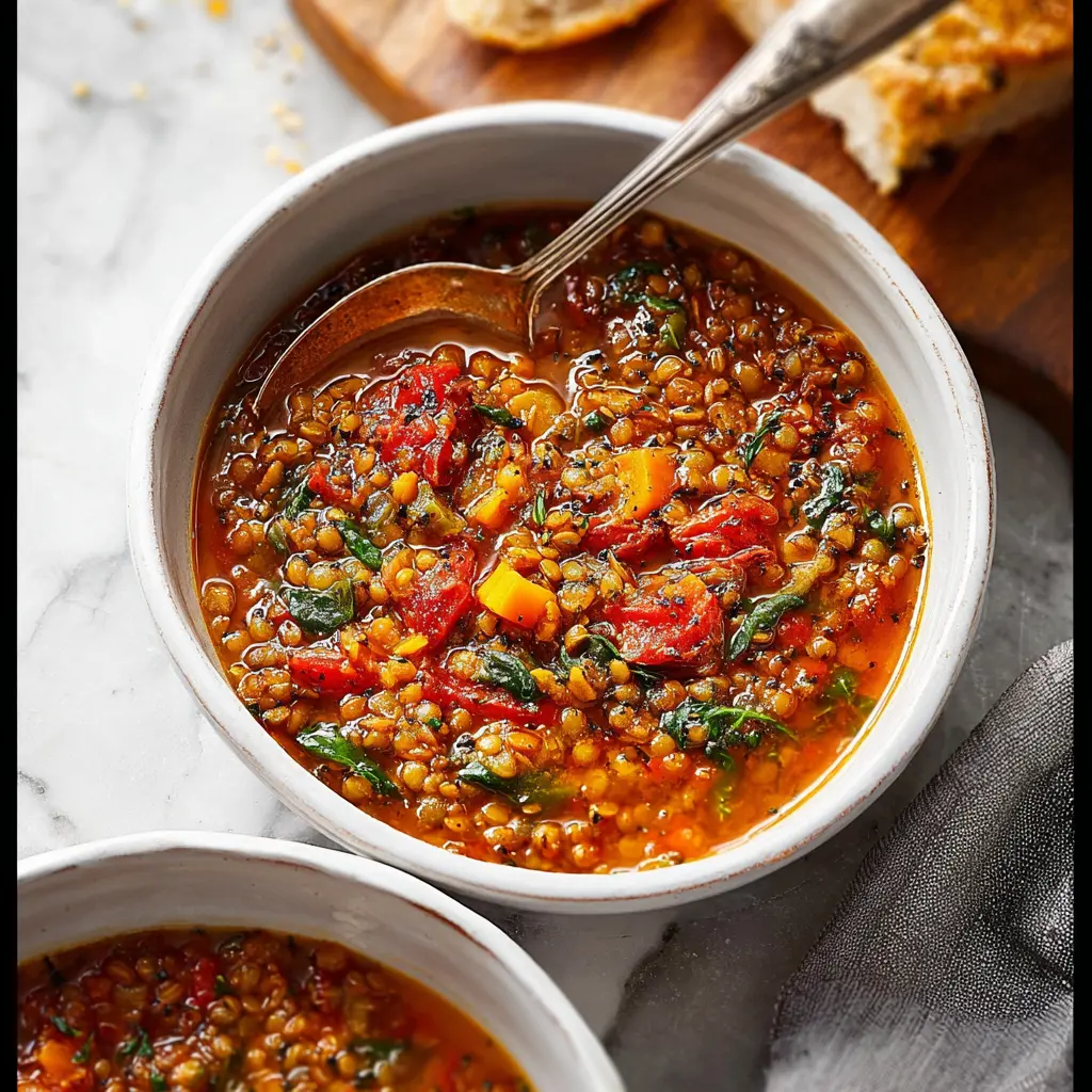 Mediterranean lentil soup served in a bowl, garnished and ready to eat