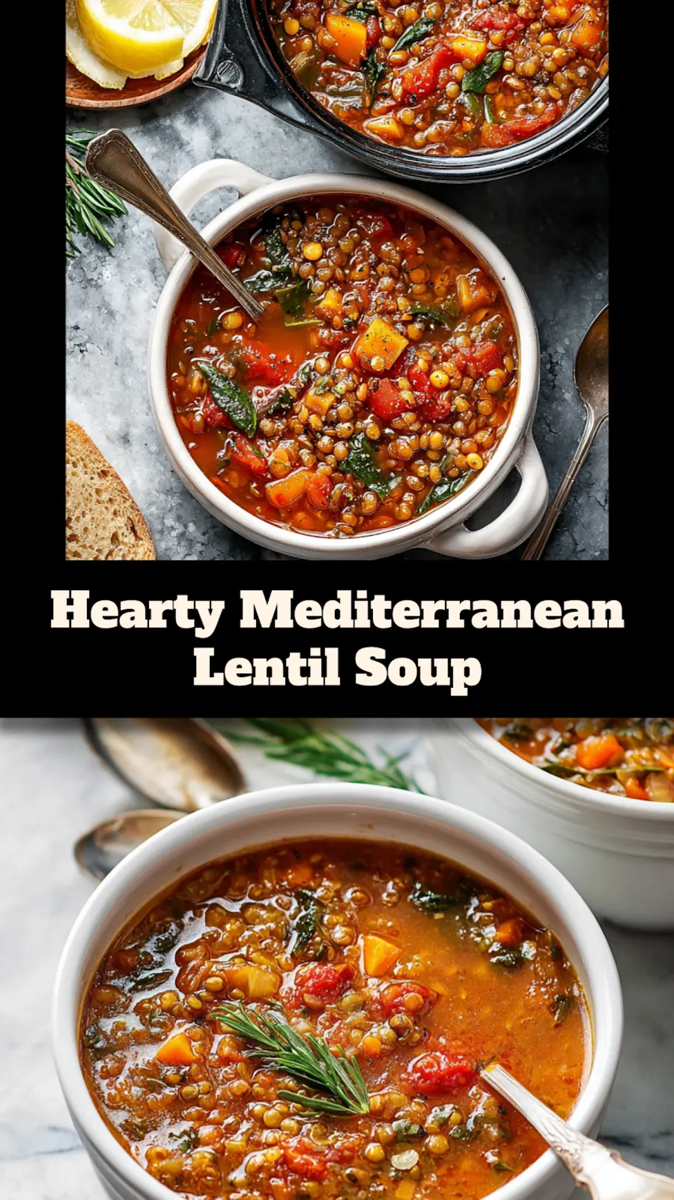 Mediterranean lentil soup recipe pin  hearty homemade bowl ready to serve