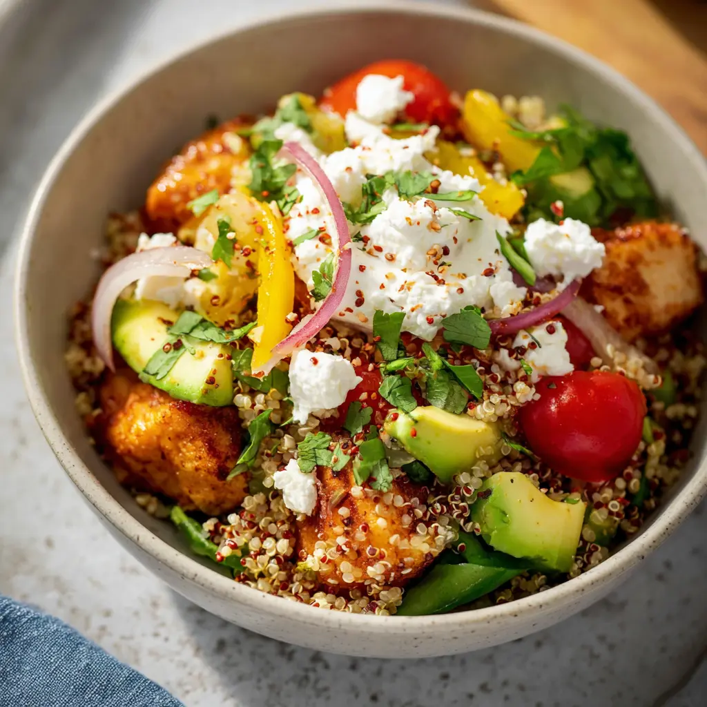 Mediterranean Quinoa Bowl recipe, served and ready to eat, easy homemade dish