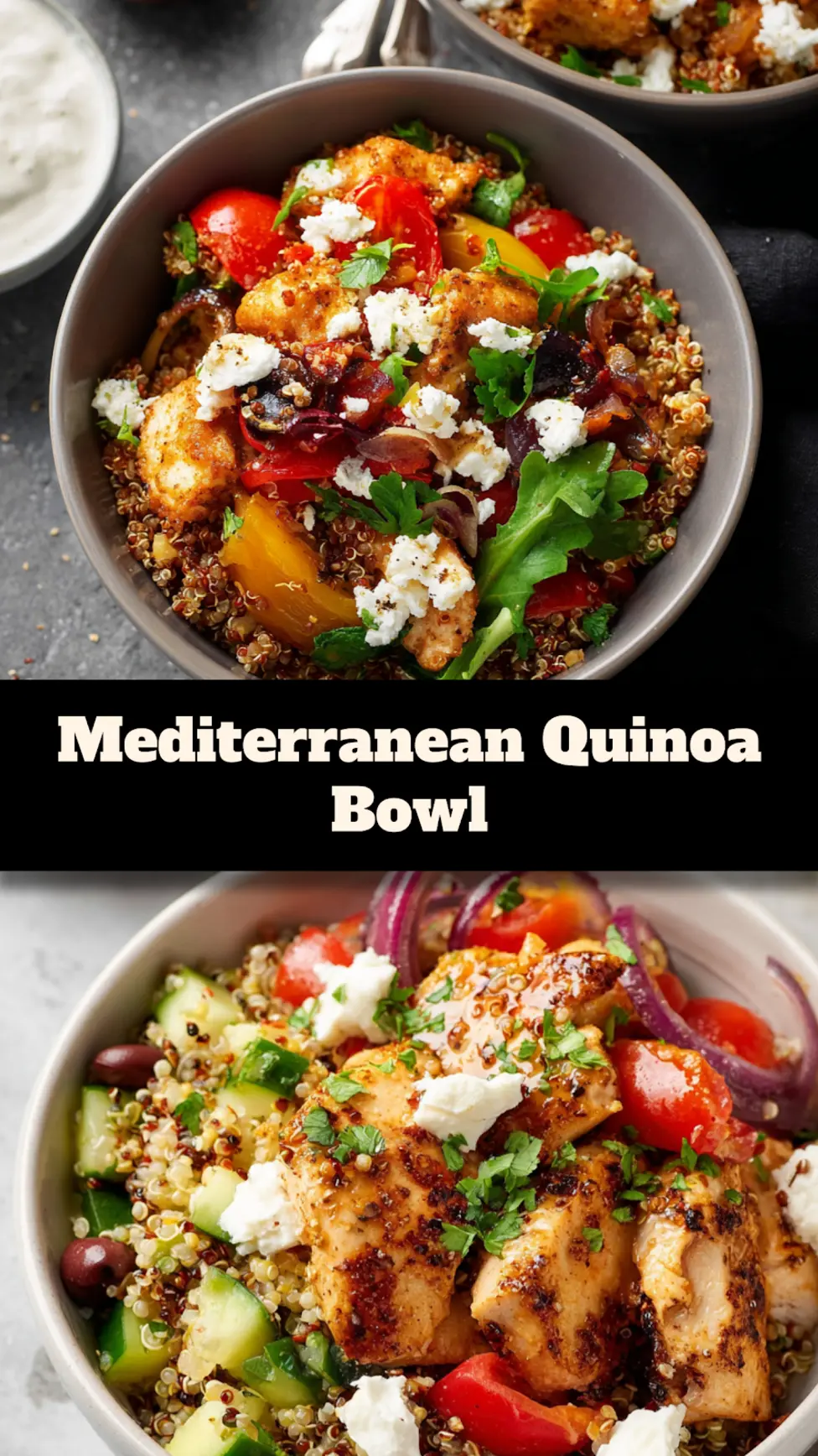 Mediterranean Quinoa Bowl recipe, served and ready to eat, easy homemade dish