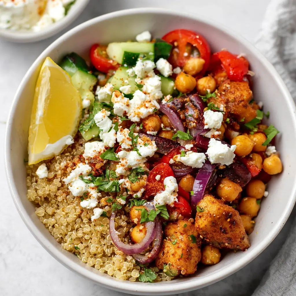 Mediterranean Quinoa Nourish Bowl served and ready to eat, made with fluffy quinoa, honey-glazed chicken, fresh herbs, and crumbled feta