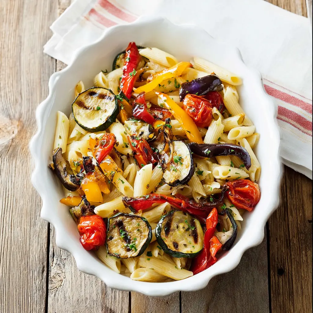 Mediterranean Roasted Vegetable Pasta served and ready to eat, an easy homemade dish