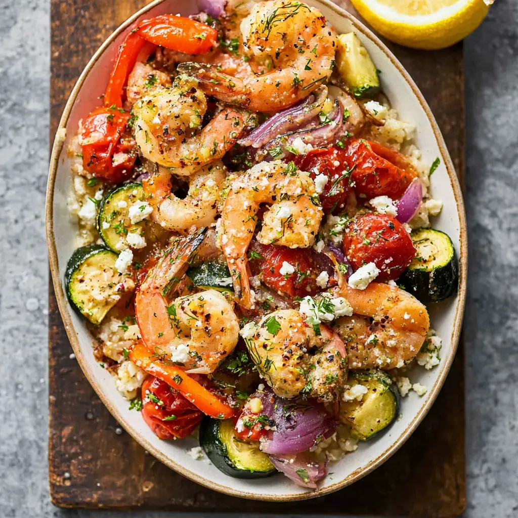 Mediterranean Sheet Pan Shrimp Your New Favorite Vibrant Easy Dinner 2 Mediterranean Sheet Pan Shrimp recipe, served and ready to eat, easy homemade dish