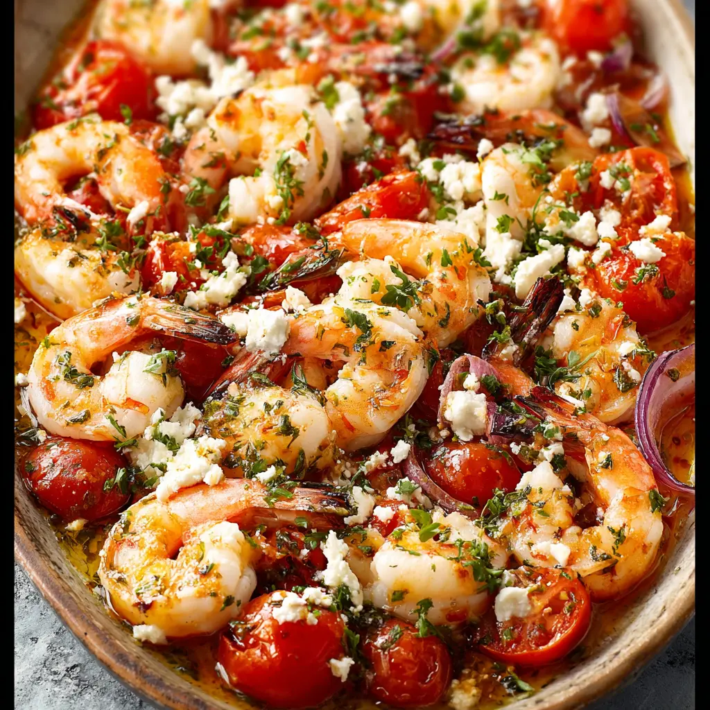 Mediterranean Shrimp Garlic Tomato Feta recipe, served and ready to eat, easy homemade dish