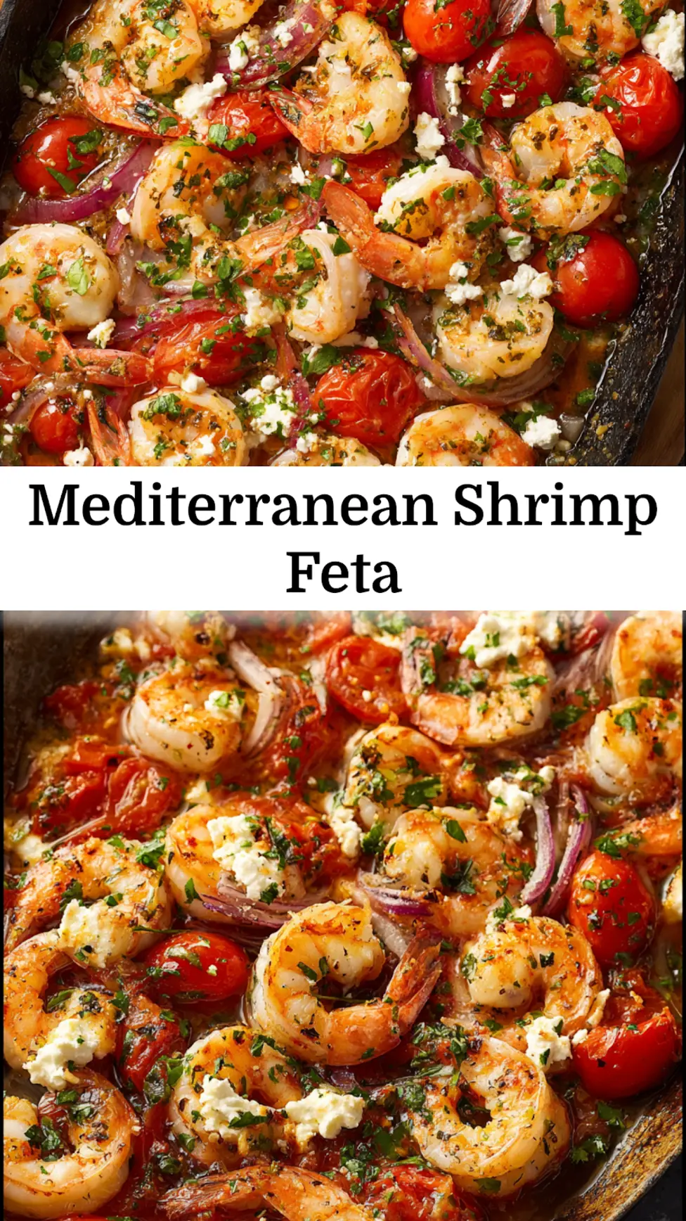 Mediterranean Shrimp Garlic Tomato Feta recipe, served and ready to eat, easy homemade dish_pin