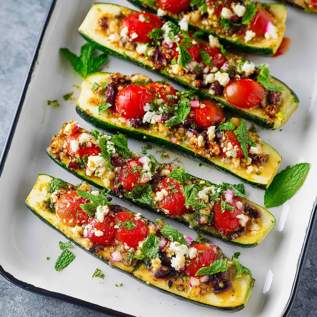 Mediterranean Stuffed Zucchini Boats recipe, served and ready to eat, easy homemade dish