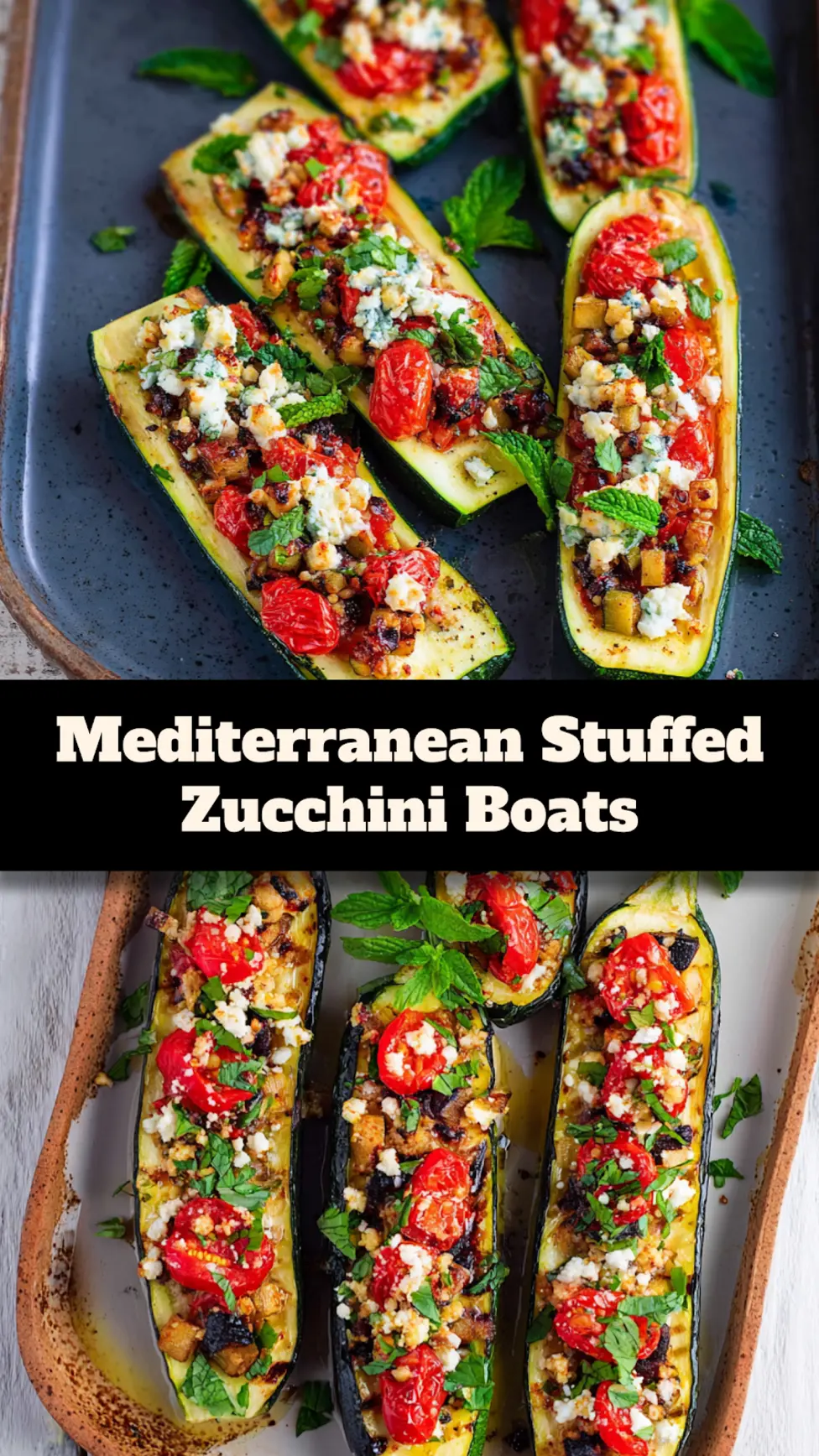 Mediterranean Stuffed Zucchini Boats recipe, served and ready to eat, easy homemade dish_pin