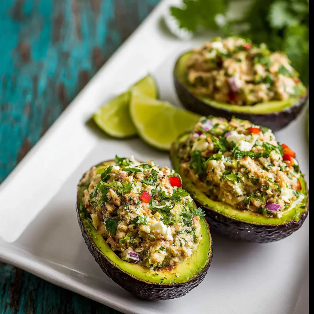 Mediterranean Tuna Stuffed Avocado recipe, served and ready to eat, easy homemade dish