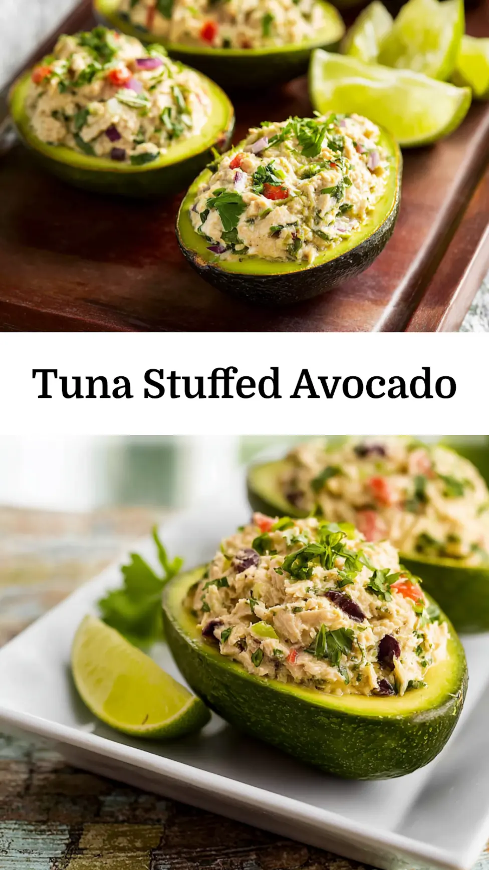 Mediterranean Tuna Stuffed Avocado recipe, served and ready to eat, easy homemade dish_pin