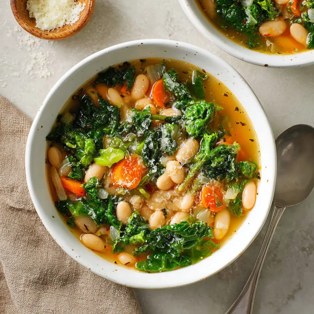 Mediterranean White Bean Kale Soup recipe, served and ready to eat, easy homemade dish