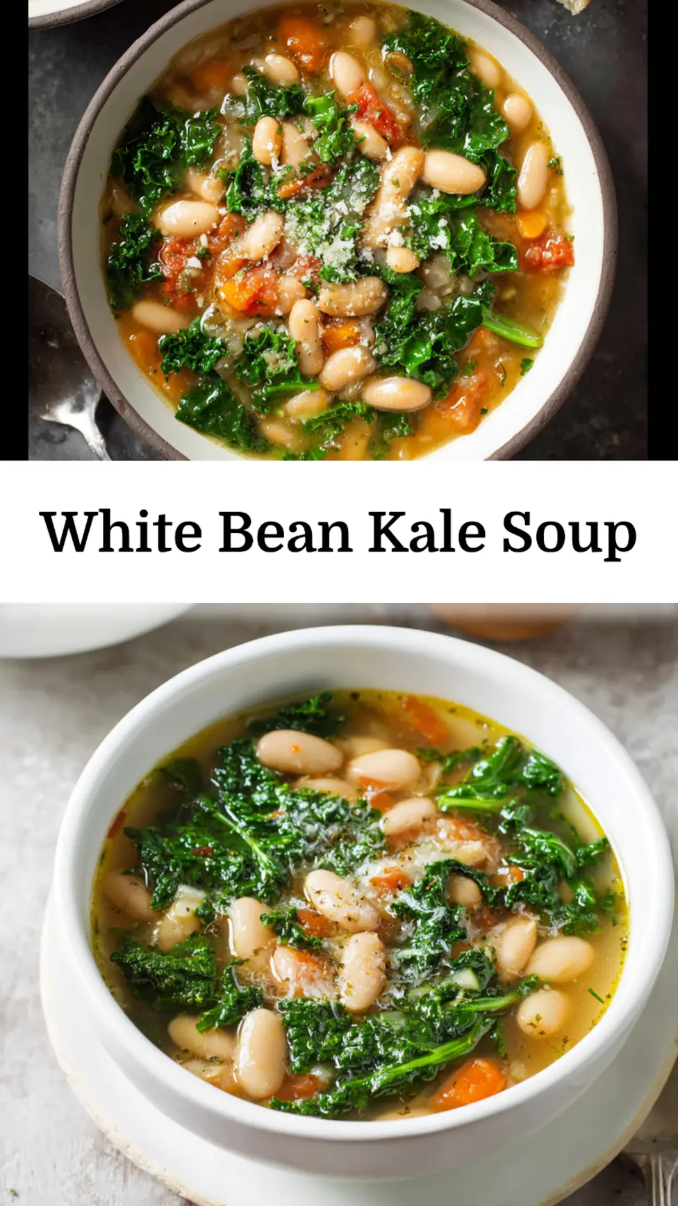 Mediterranean White Bean Kale Soup recipe, served and ready to eat, easy homemade dish_pin