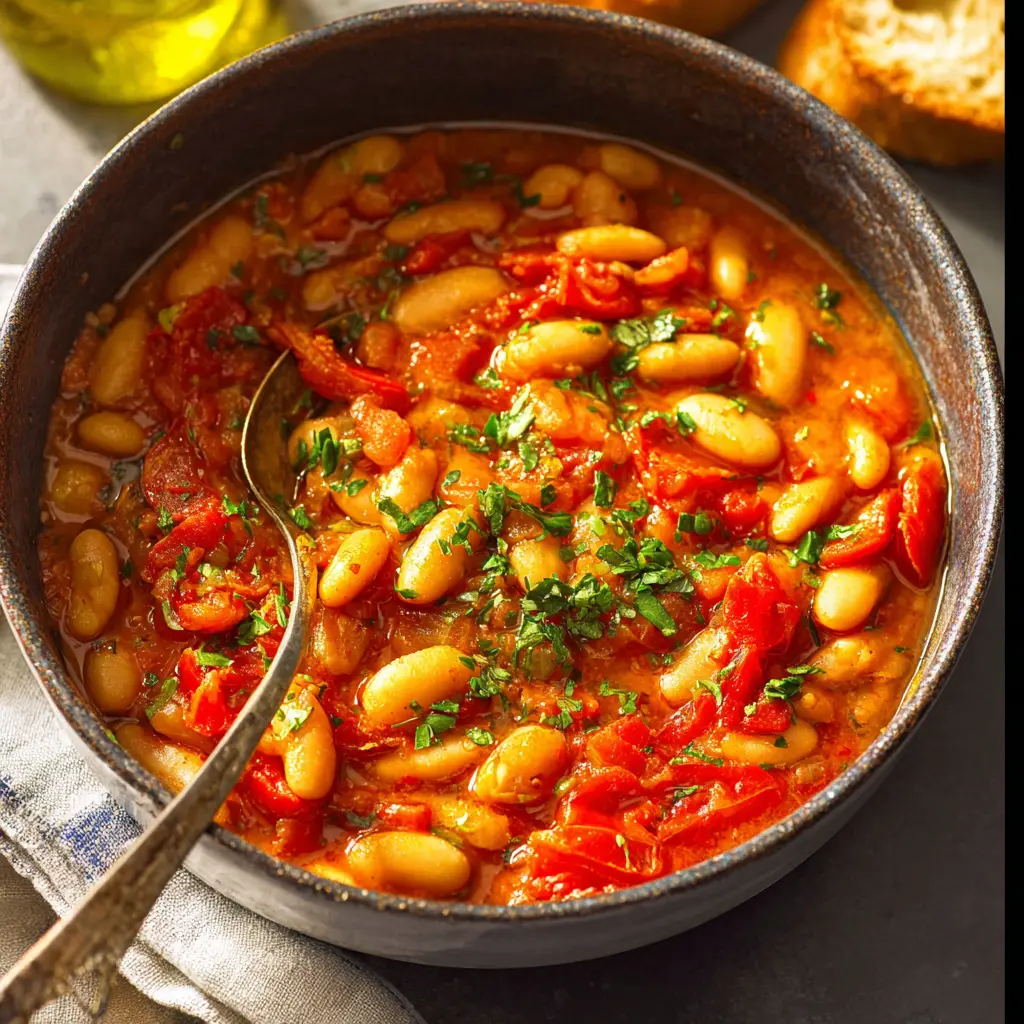 Mediterranean White Bean Tomato Stew served in a bowl, ready to eat