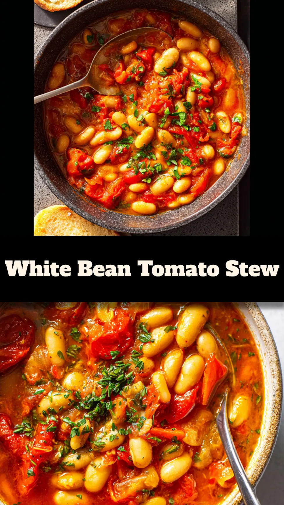 Mediterranean White Bean Tomato Stew recipe pin showing a finished bowl ready to serve
