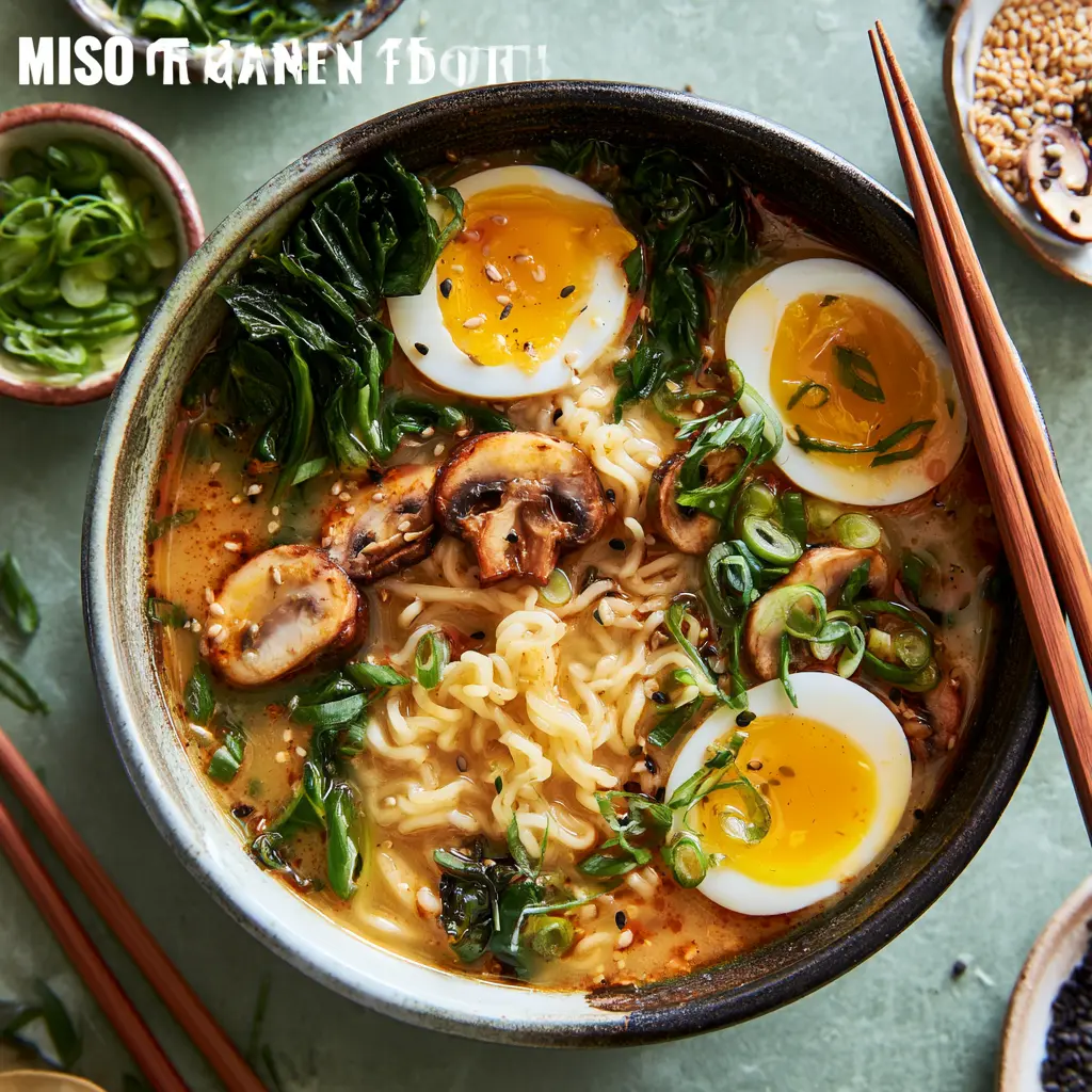 Miso Ginger Ramen Broth recipe, served and ready to eat, easy homemade dish