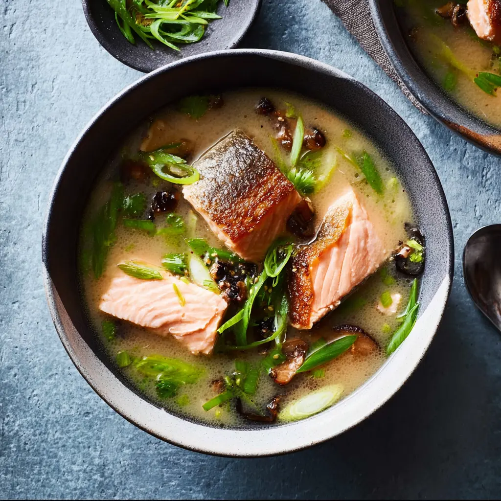 Miso Ginger Salmon Soup Cozy New Way to Make a Real Dinner 2 Miso Ginger Salmon Soup recipe, served and ready to eat, easy homemade dish