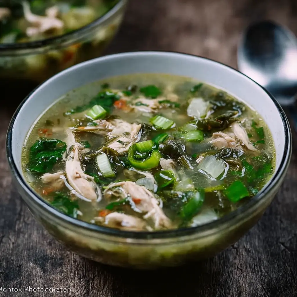Moringa Green Chicken Soup served in a bowl, showing deep green broth with shredded chicken and glass noodles