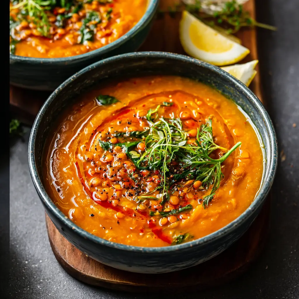 Moroccan Lentil Immune Soup Warm Comforting Recipe Your Family Will Love 2 Moroccan Lentil Immune Soup served in a bowl, topped with sesame seeds, fresh herbs, and a swirl of harissa