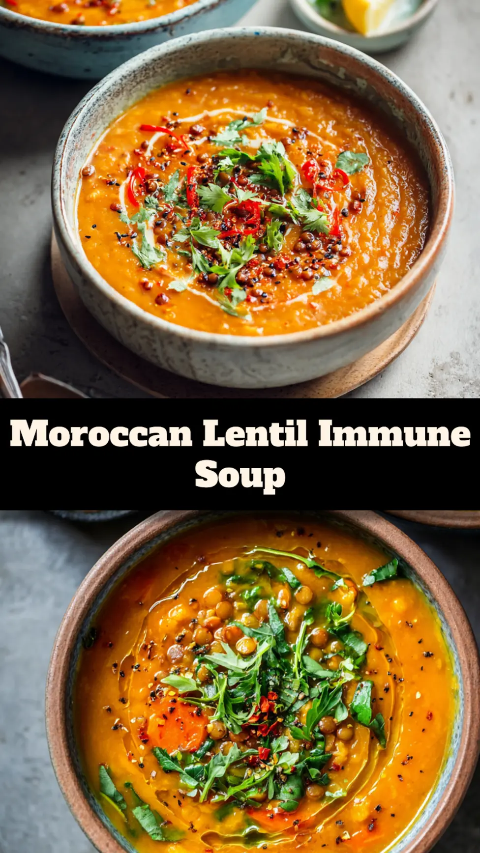 Moroccan Lentil Immune Soup Warm Comforting Recipe Your Family Will Love 3 Moroccan Lentil Immune Soup in a bowl with harissa swirl and fresh herb garnish, pinnable recipe image
