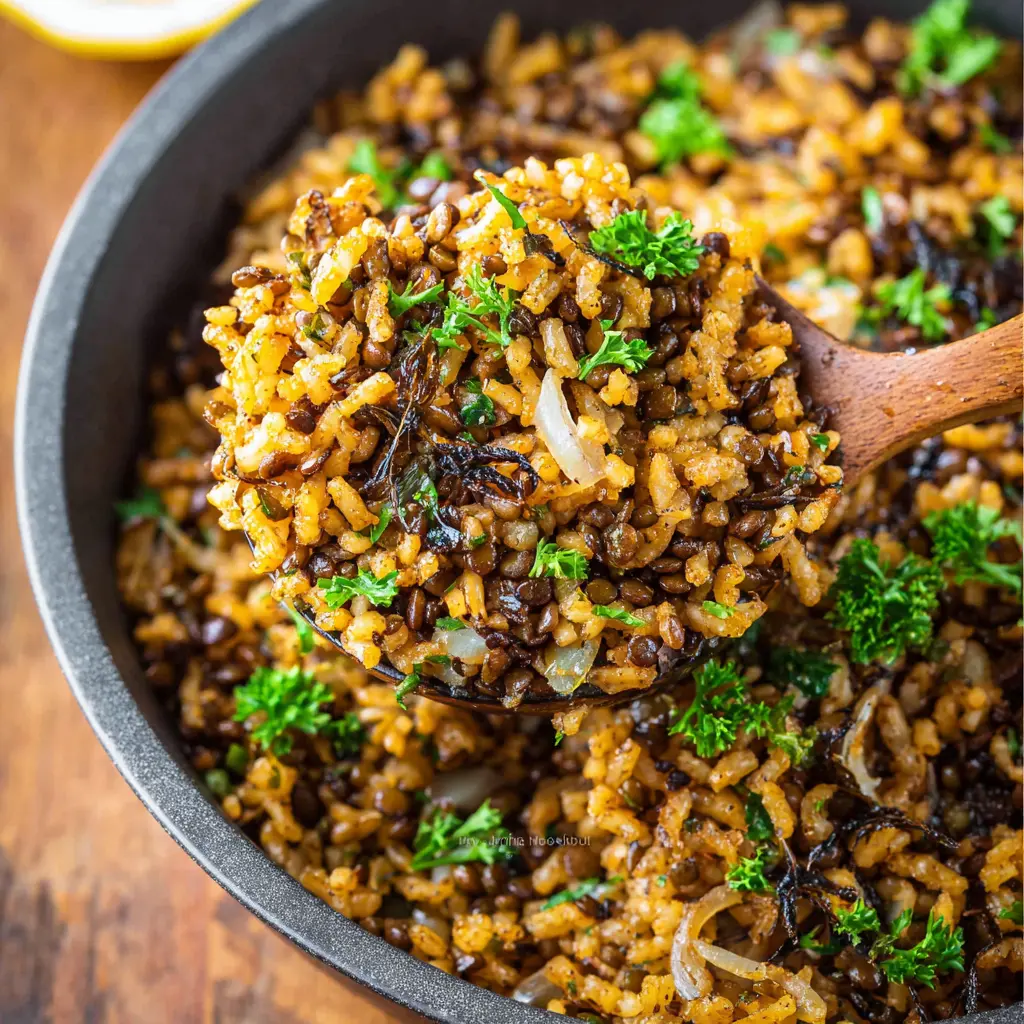 Mujaddara Lentil Onion Pilaf recipe, served and ready to eat, easy homemade dish