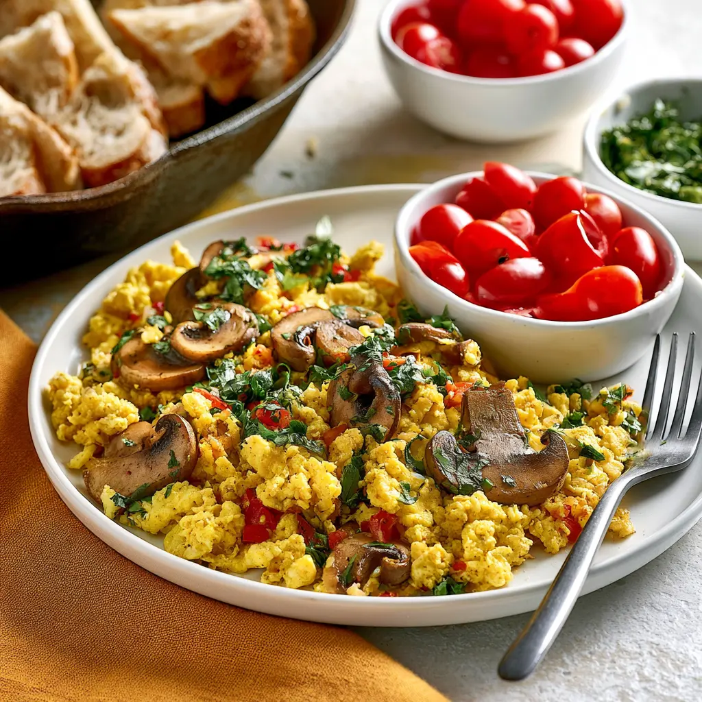 Mushroom Egg Scramble recipe, served and ready to eat, easy homemade dish