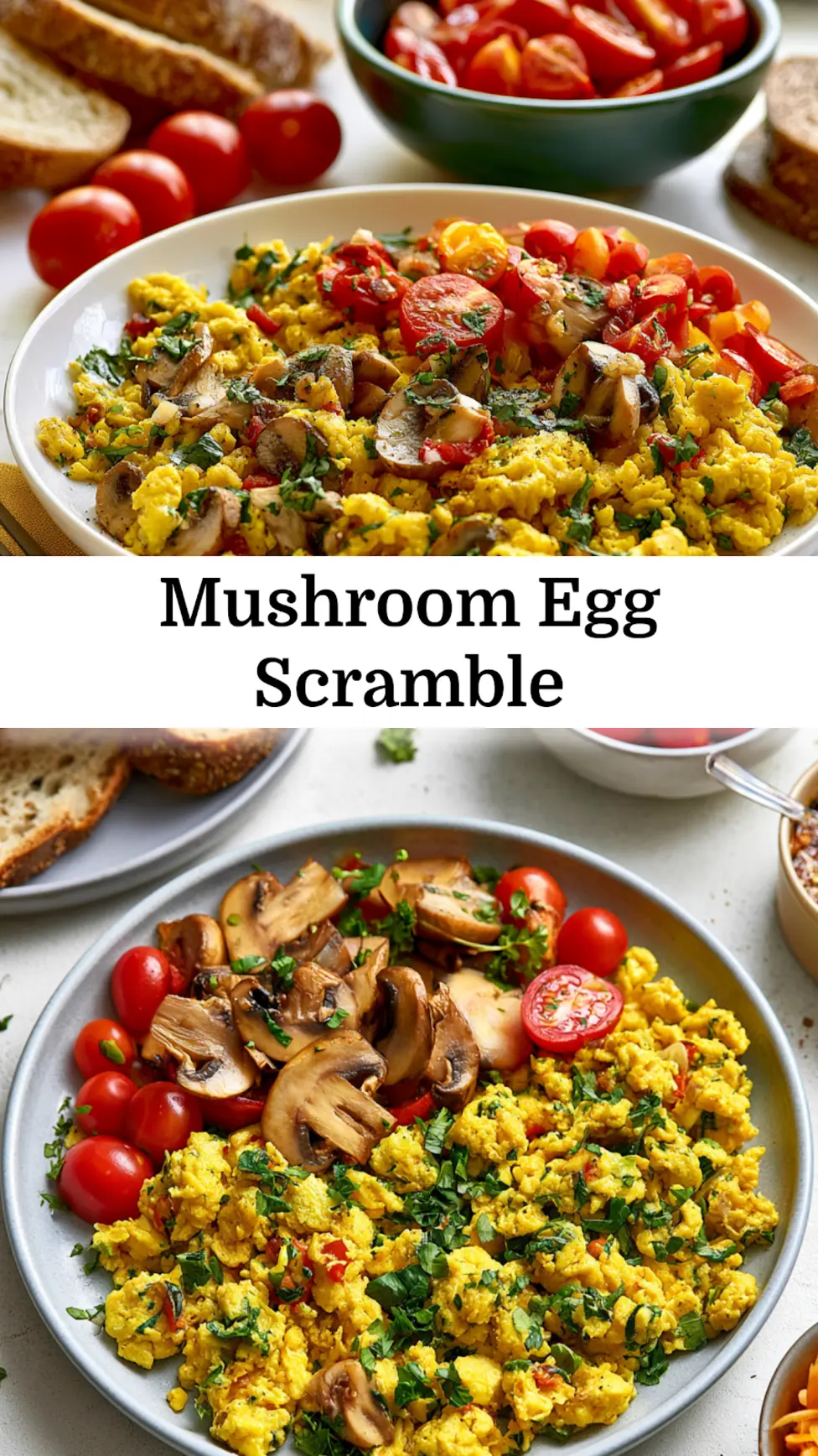 Mushroom Egg Scramble recipe, served and ready to eat, easy homemade dish_pin
