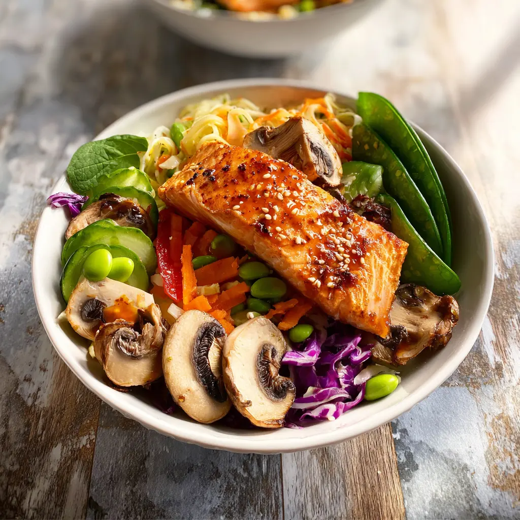 Vitamin D Mushroom Salmon Bowl Warm Satisfying Way to Make Real Nourishment 2 Mushroom Salmon Bowl recipe, served and ready to eat, easy homemade dish
