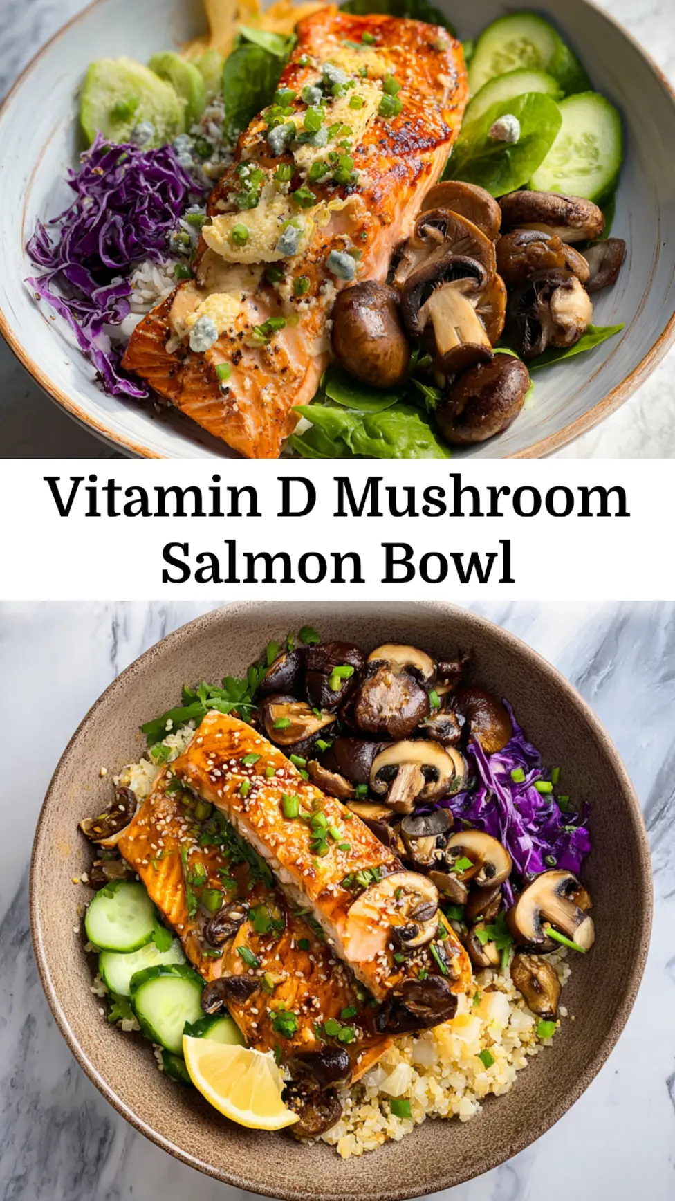 Vitamin D Mushroom Salmon Bowl Warm Satisfying Way to Make Real Nourishment 3 Mushroom Salmon Bowl recipe, served and ready to eat, easy homemade dish_pin