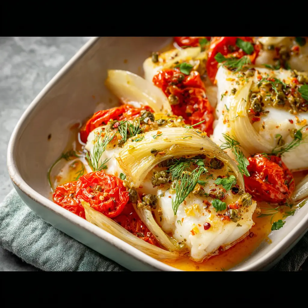 One Pan Cod Fennel recipe, served and ready to eat, easy homemade dish
