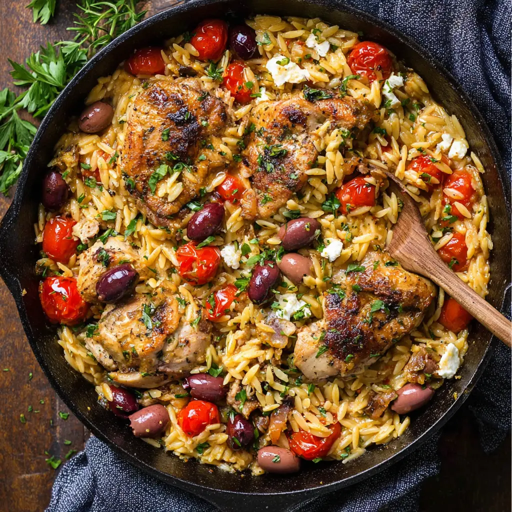 One Pan Mediterranean Chicken Orzo recipe, served and ready to eat, easy homemade dish