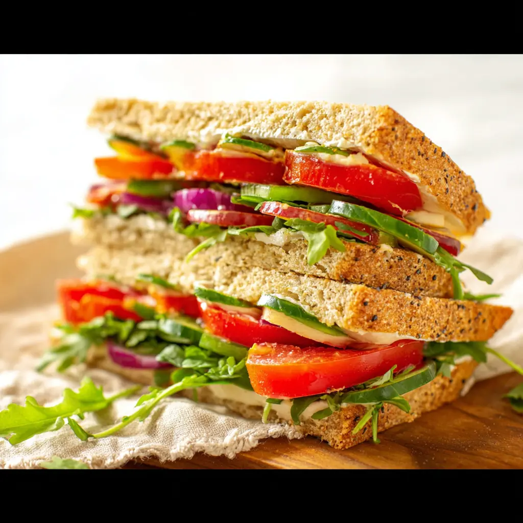 Copycat Panera Mediterranean Veggie Sandwich served and ready to eat, made at home with fresh vegetables and hummus
