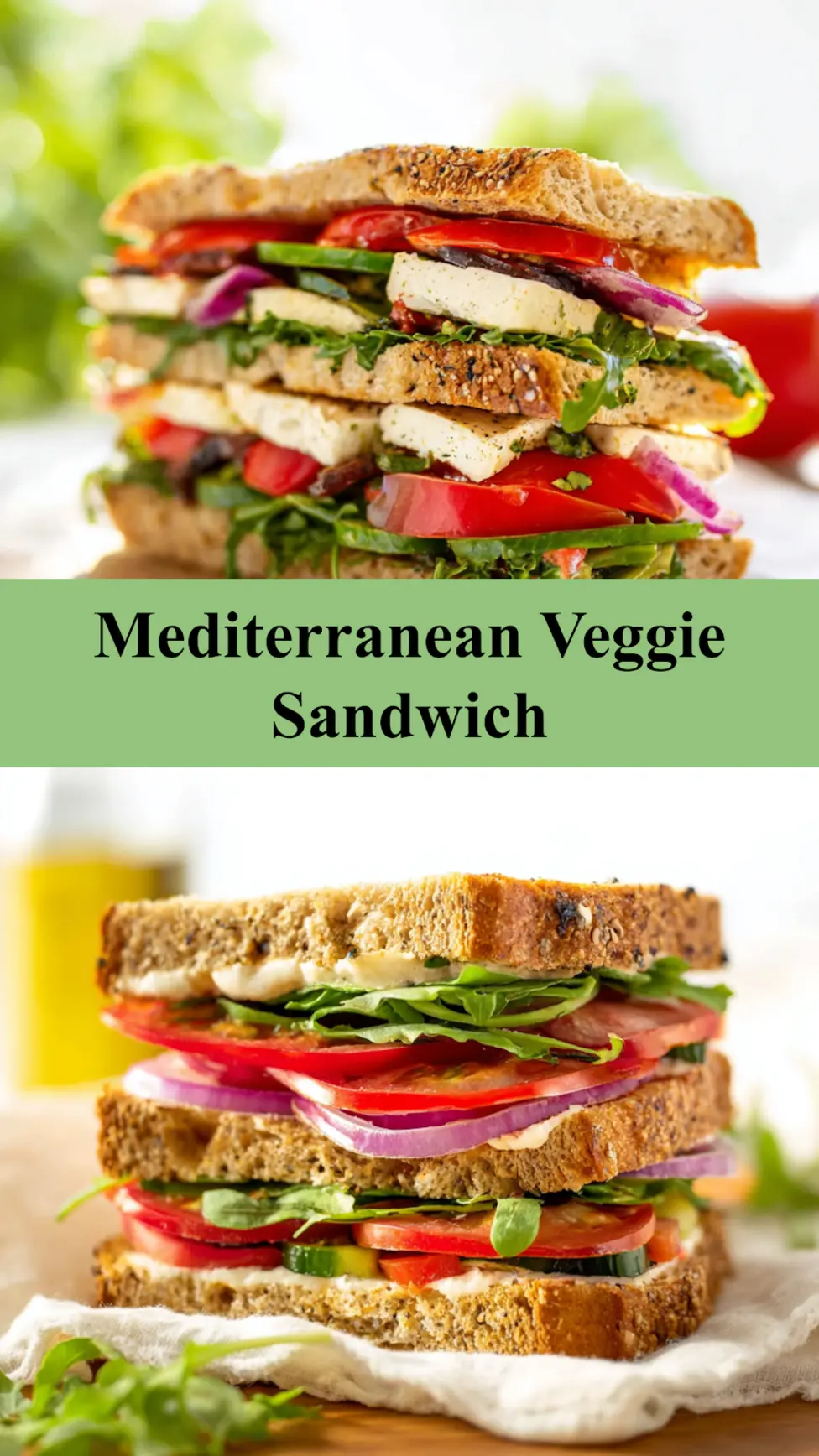 Copycat Panera Mediterranean Veggie Sandwich recipe pin  easy homemade sandwich with hummus, fresh vegetables, and whole grain bread