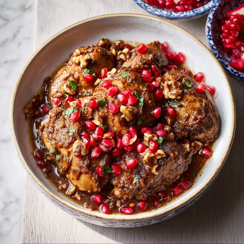Persian Pomegranate Walnut Chicken Stew served and ready to eat, homemade Fesenjan recipe