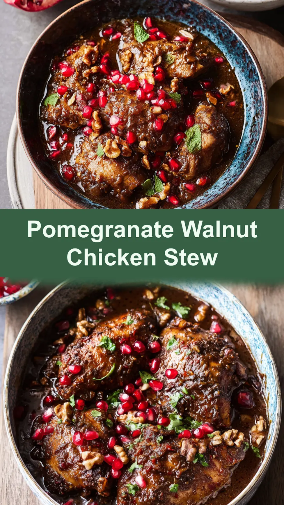 Persian Pomegranate Walnut Chicken Stew recipe pin  easy homemade Fesenjan with pomegranate molasses and walnuts