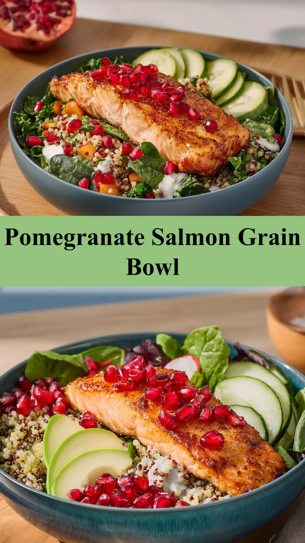 Pomegranate Salmon Grain Bowl Vibrant New Way to Make Your Best Dinner 3 Pomegranate Salmon Grain Bowl pinnable image showing finished bowl with salmon, farro, and pomegranate seeds