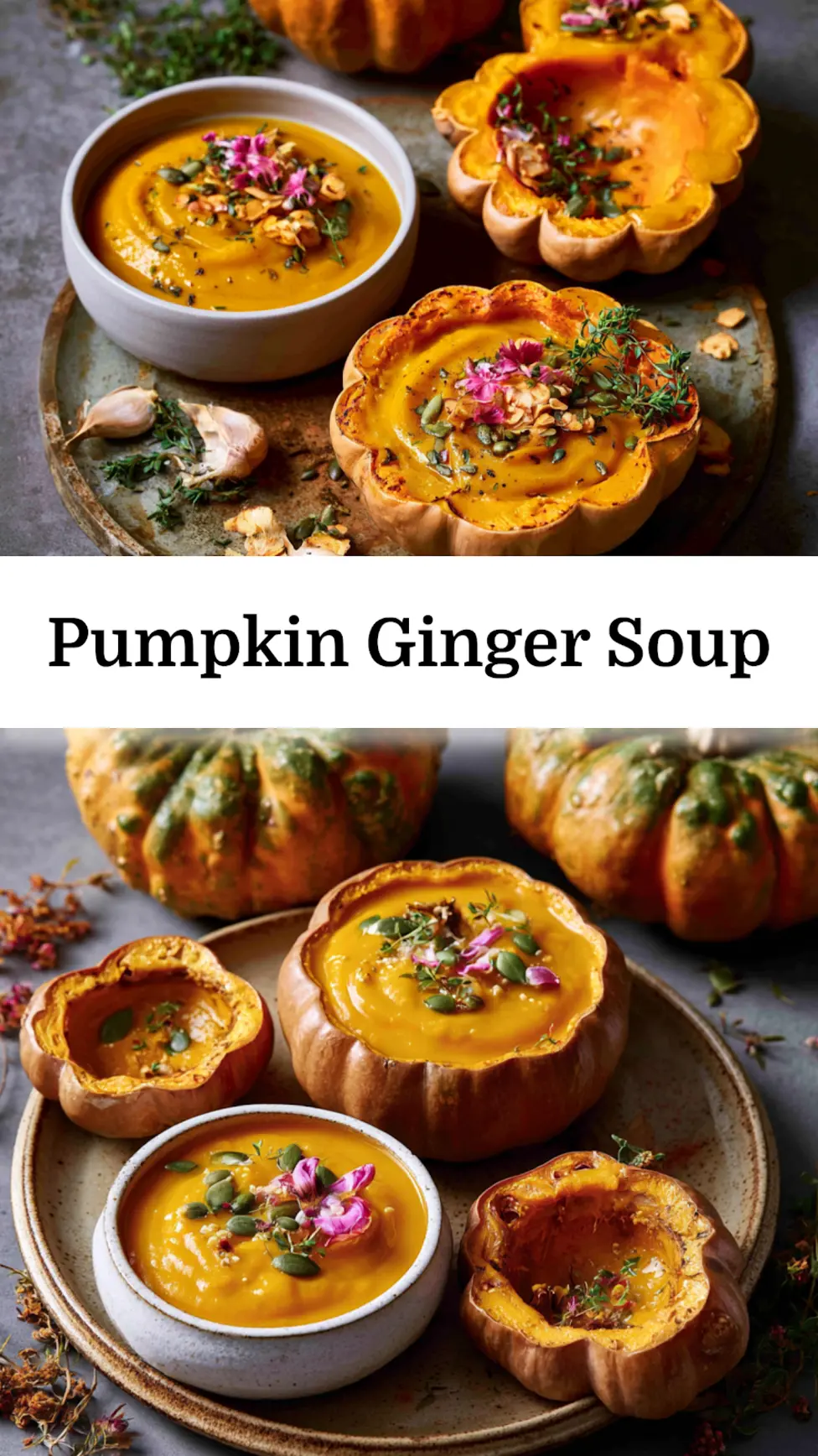 Pumpkin ginger soup recipe pin  easy homemade soup served in a bowl