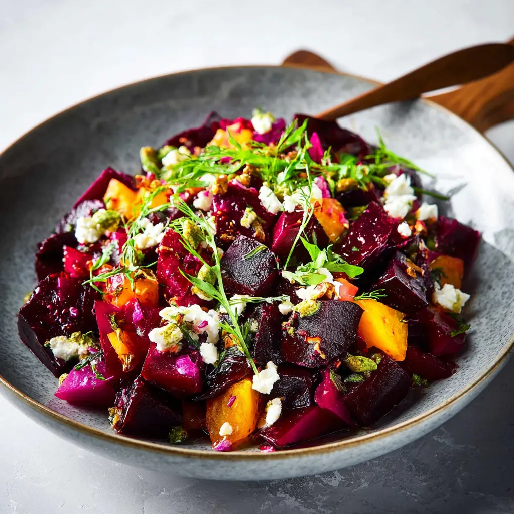 Roasted beet salad served and ready to eat, topped with feta, pistachios, and craisins